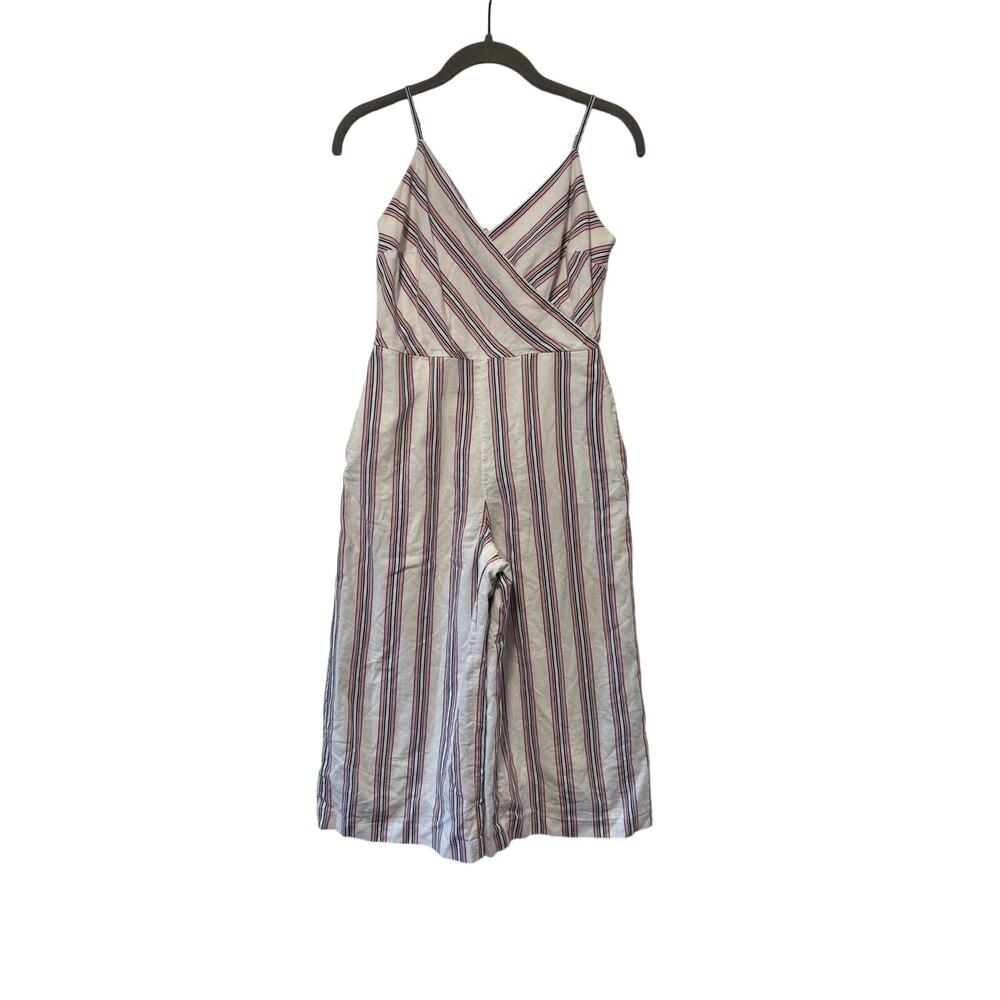 Banana Republic Petite 0 Linen Blend Striped Wide Leg Jumpsuit White Pink Blue - Picture 3 of 12